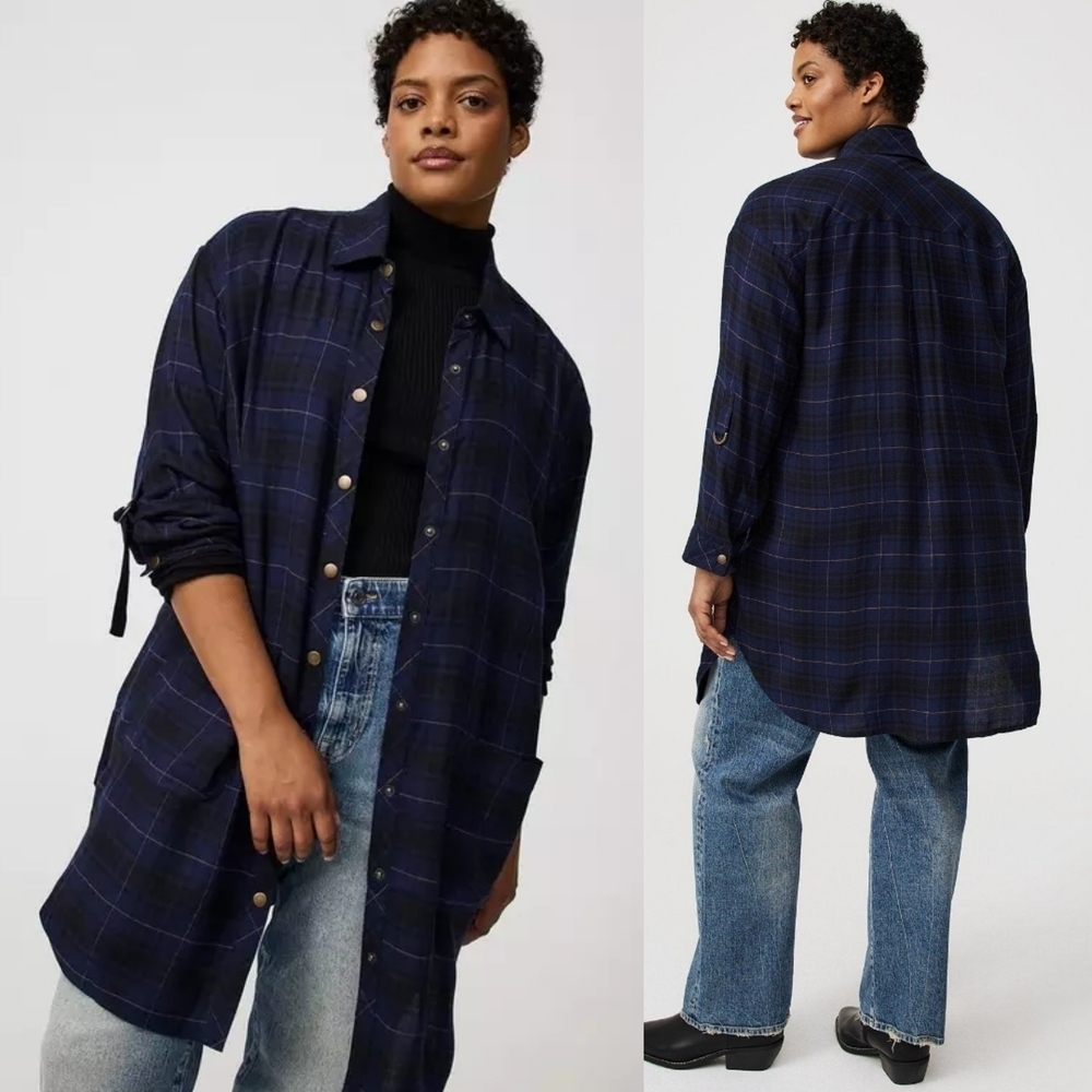 Torrid Oversized Flannel Kimono Shirt Soft Plaid Peacoat Blue 2 2X